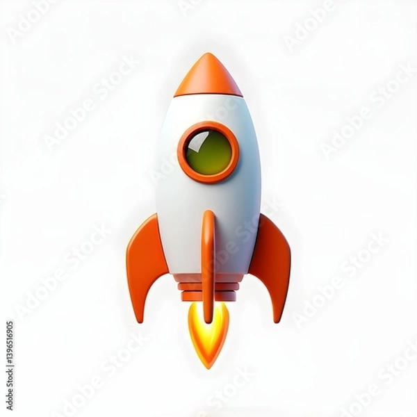 Fototapeta A 3D rendered cartoon rocket ship positioned centrally against a pure white background. 