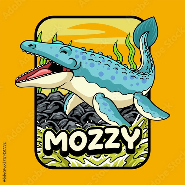 Fototapeta Cute mosasaurus Aquatic Dinosaur Character Mascot in Vector Cartoon Illustration Design for kid, sticker, badge, patch, banner, greeting card