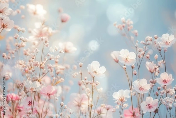 Fototapeta Delicate Wild Meadow Flowers Creating Natural Frame Border Around Rustic Wedding Invitation Design, Botanical Photography