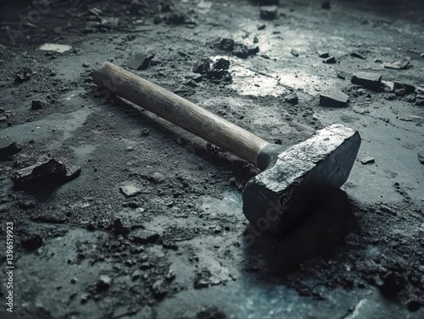 Fototapeta Demolition Scene with Industrial Sledgehammer on Cracked Concrete Floor Surrounded by Construction Debris and Dust Particles in Dramatic Lighting
