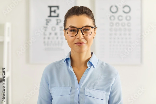 Fototapeta Photo of satisfied female ophthalmologist doctor posing in ophthalmology medical clinic, ready for consulting patients and giving recommendations about eye health, focused at camera