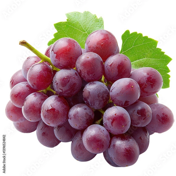 Obraz A bunch of fresh ripe grapes on the vine with green leaves  long title A cluster of plump juicy red grapes with green leaves attached freshly