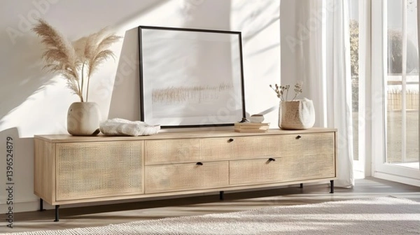 Fototapeta Minimalist Living Room Decor with Empty Frame and Natural Elements