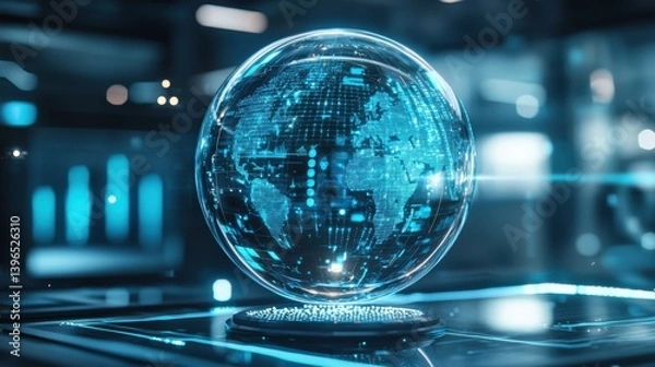 Fototapeta A futuristic, illuminated globe displaying digital world maps, set on a sleek surface, symbolizing global connectivity and technology.