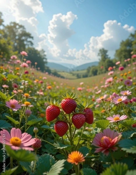 Fototapeta A vibrant field bursting with colorful flowers and ripe strawberries stretches out under a clear blue sky, framed by majestic mountains that rise dramatically in the background.