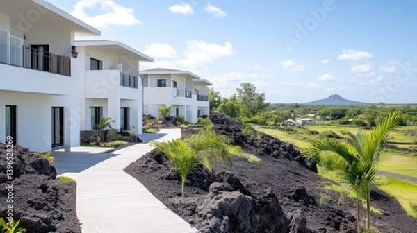 Obraz Modern villas overlooking volcanic landscape