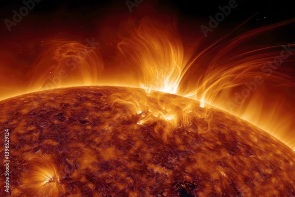 Fototapeta Explosive Solar Flares Erupting on the Sun's Surface in Deep Space. AI generative.