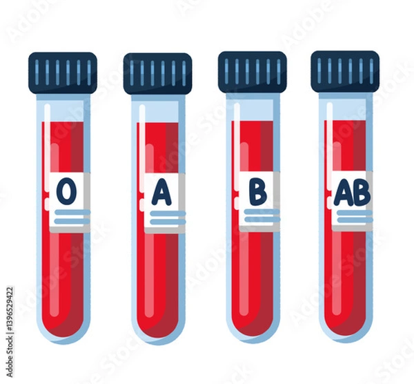 Obraz Blood sample for medical test with different blood types label. Set of blood test tubes isolated on white background. Suitable elements design for laboratory research, chemistry, and medical analysis.