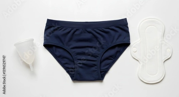 Obraz A menstrual cup, period underwear, and reusable pad arranged side by side, female hygiene theme, white background, stock photography style