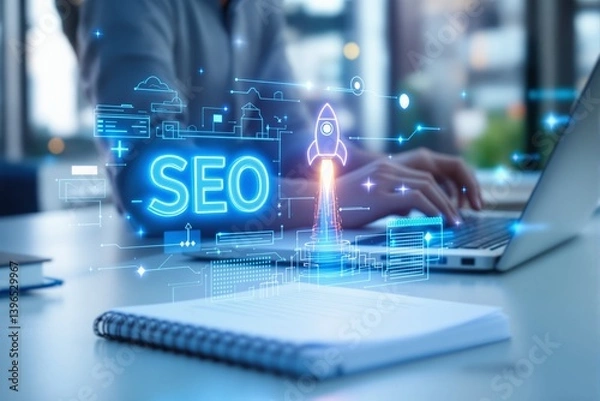 Obraz SEO digital marketing concept with glowing holographic elements.