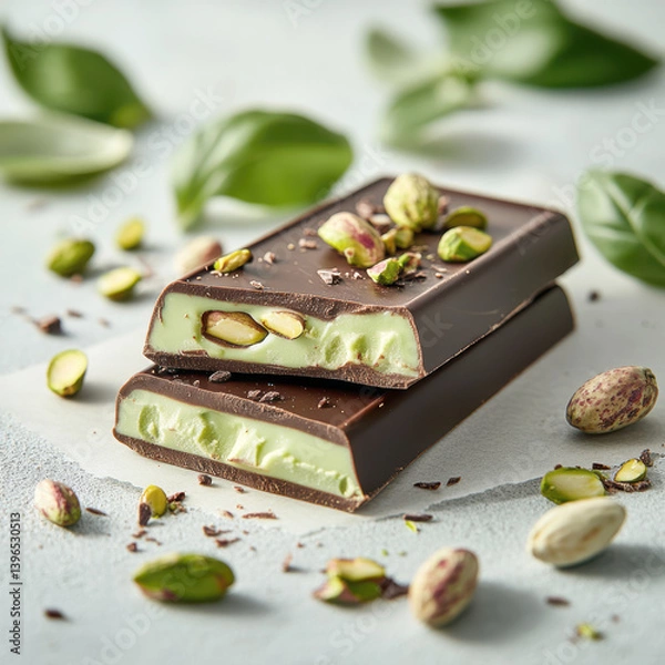 Fototapeta Close-Up of a Chocolate Bar with Green Pistachio Filling on White Background. AI generative.