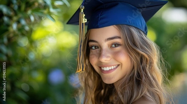 Fototapeta A smiling graduate in a blue cap poses outdoors, showcasing a joyful moment of achievement against a blurred, green backdrop.