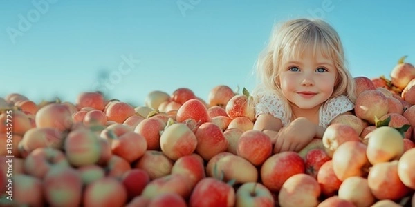 Obraz A charming five-year-old girl with blonde hair and blue eyes lies among a huge number of ripe red apples against a clear blue sky