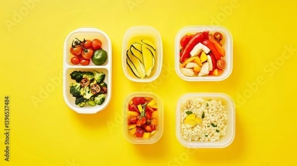Fototapeta Colorful healthy meal prep: Five containers filled with fresh vegetables and grains, on yellow surface.