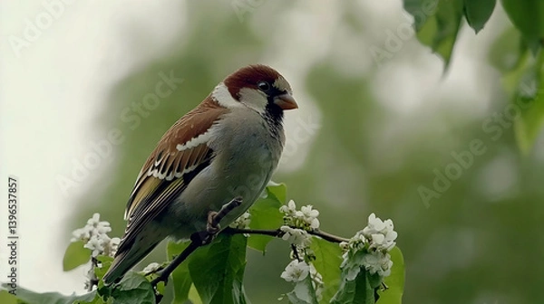 Fototapeta Sparrow perched on flowering branch, spring garden