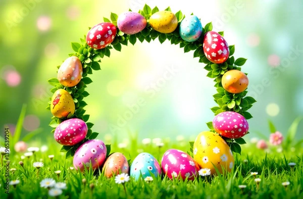 Fototapeta Circle of colorful painted eggs with copy space inside, on a light green spring nature background. Happy Easter greeting card, postcard