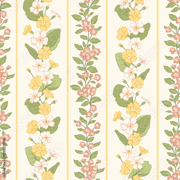 Obraz Delicate vintage spring primrose and trailing ditsy pink flowers vector seamless pattern with vertical floral stripes. Nostalgic cottage botanical print for country core spring garden textiles