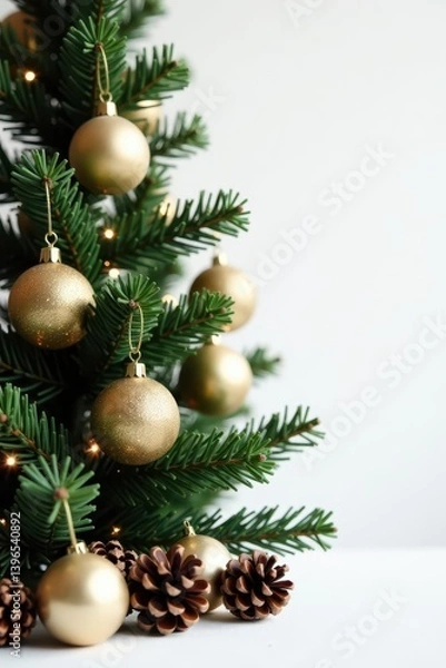 Fototapeta Elegant Christmas tree, pine cones, and glittering decorations on white backdrop , sparkle, pine