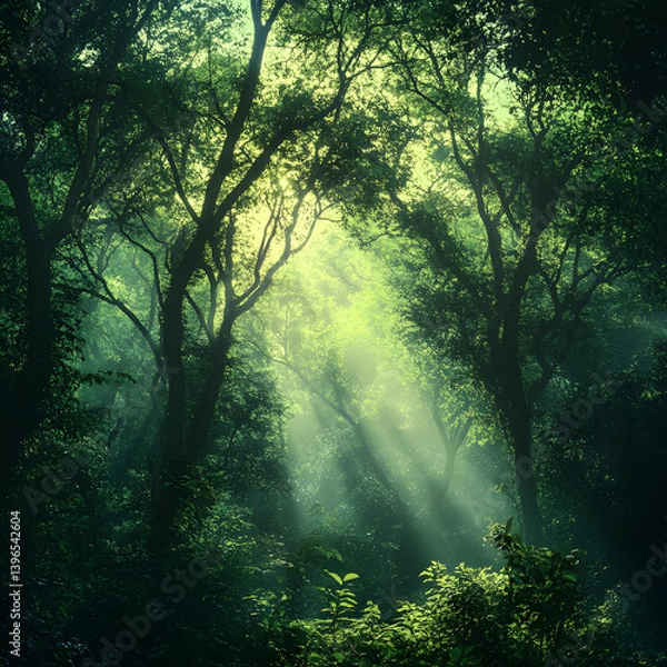 Fototapeta deep forest background, sunlight through trees, magical atmosphere, green tones, cinematic style
