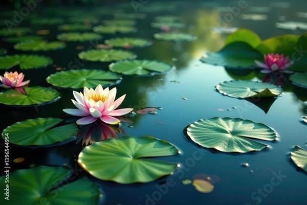 Obraz Water lilies and other aquatic plants forming a floral pattern across the lake, background, organic