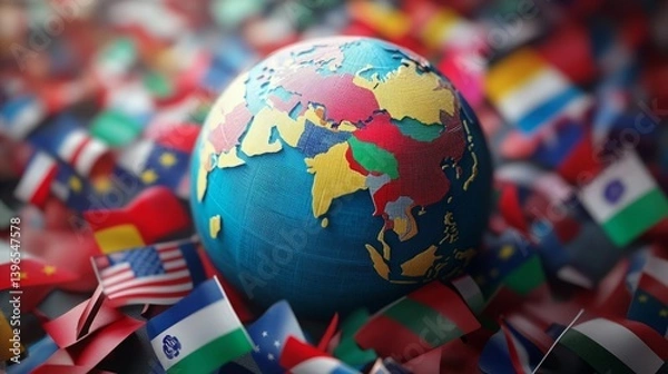 Fototapeta Colorful globe surrounded by miniature flags representing global unity and diversity.