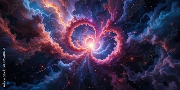 Obraz A stunning nebula space wallpaper featuring vibrant hues of deep purple, bright pink, and shimmering blue, with swirling clouds of gas and distant stars twinkling in the cosmic expanse.