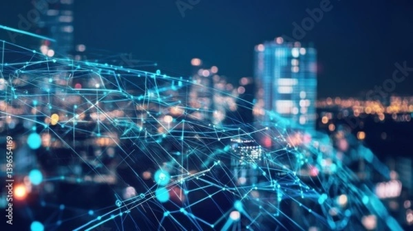 Fototapeta A futuristic cityscape with glowing network lines and nodes, showcasing technology and connectivity at night.