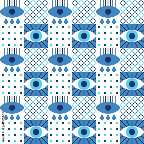 Fototapeta Blue Abstract Seamless Geometric Eye Pattern with Circles and Dots