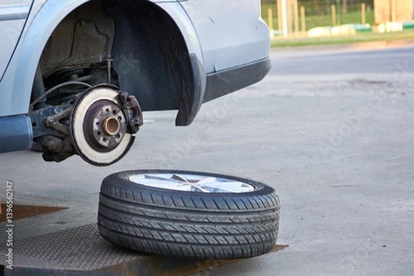 Obraz Service for the repair of a car wheels.Changing seasonal tires