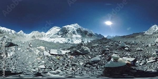Obraz 360 vr panoramic view of the Everest Base camp place. Mount Everest with beautiful sky and Khumbu glacier. Khumbu valley, Sagarmatha national park, Nepal of the Himalayas. End point of EBC track route