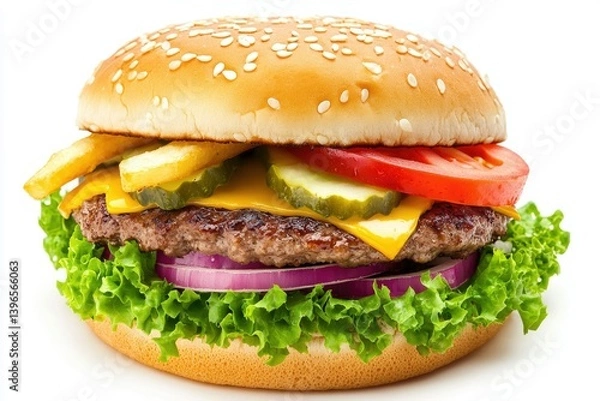 Fototapeta Delicious Cheeseburger Close-up with Fries, Lettuce, Tomatoes and Red Onion