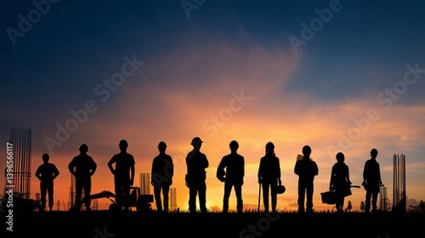 Fototapeta Row of human silhouettes standing side by side against orange sunset sky with construction equipment and vertical metal rods visible on frame edges