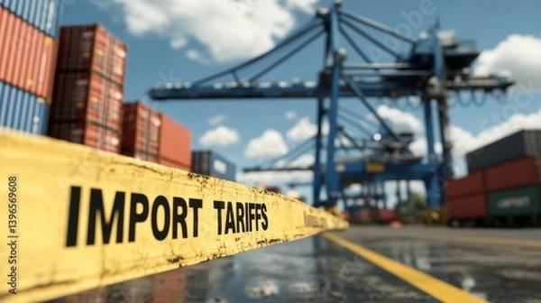Obraz Detailed Scene at a Busy Shipping Port Featuring Import Tariffs Signage Amidst Cargo Containers and Cranes