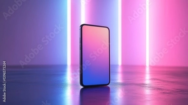 Fototapeta A modern smartphone with a gradient background, illuminated by vibrant pink and blue neon lights, creating a futuristic aesthetic.