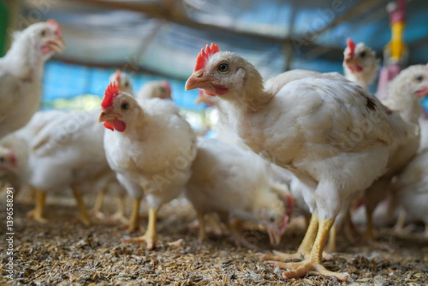 Obraz Group of healthy broiler chicken in poultry