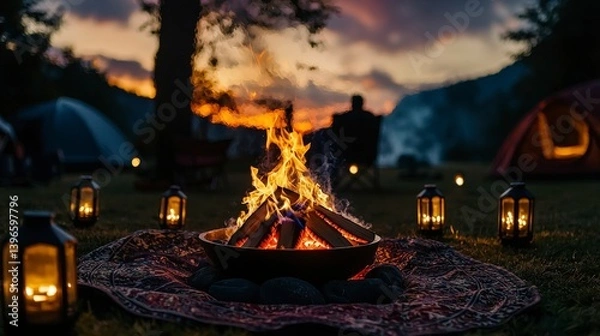 Obraz Cozy evening campfire gathering a tranquil outdoor scene for adventure seekers