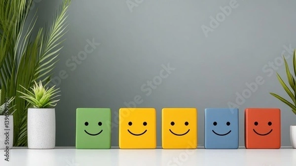 Fototapeta Customer Satisfaction Feedback Colorful Cubes with Smiley Faces