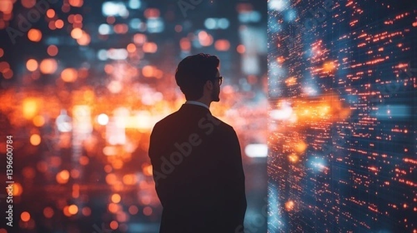 Fototapeta Corporate strategist inside a virtual space surrounded by dynamic neural network visuals representing data flow, pulsing with light, with faint business charts embedded in nodes.