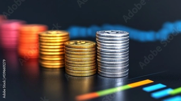 Fototapeta Financial Growth: Cryptocurrency and Investment Coin Stacks on a Chart