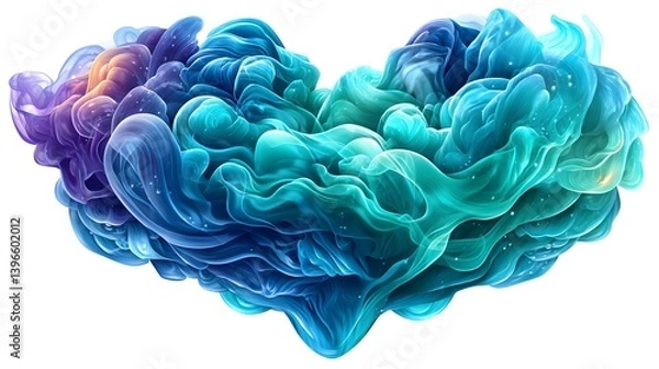 Fototapeta Abstract swirling teal and purple ink cloud, heart-shaped, isolated on white