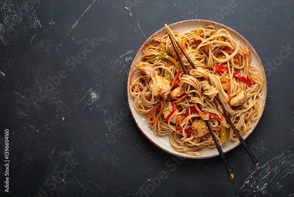 Obraz Delicious udon noodles stir fried with chicken meat and vegetables, sprinkled with sesame seeds, served on a plate with chopsticks on a dark background, creating an appetizing asian cuisine scene
