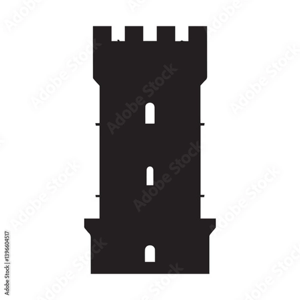 Fototapeta Medieval castle tower black silhouette vector art and illustration white Background