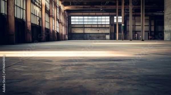 Fototapeta An empty, industrial warehouse space with concrete floor and large windows, showcasing a blend of light and shadows in a vast area.
