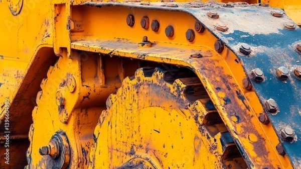 Fototapeta Close-up of a rugged yellow machinery part, showcasing wear and tear, highlighting the power and resilience in industrial environments.
