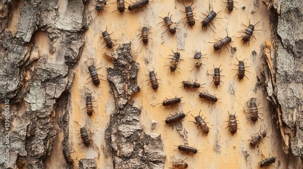 Fototapeta Close-up of various insects on tree bark, showcasing the intricate details of nature and the ecosystem.