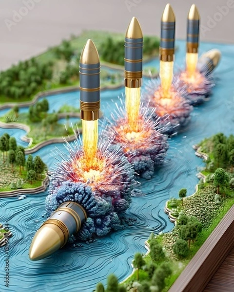 Obraz Four missiles launching from a miniature landscape, creating fiery explosions in water