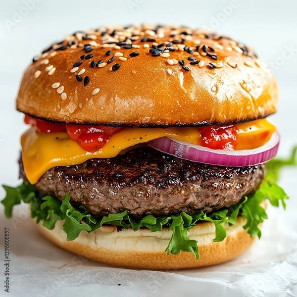 Fototapeta Juicy Hamburger with Cheese and Fresh Toppings on White Paper