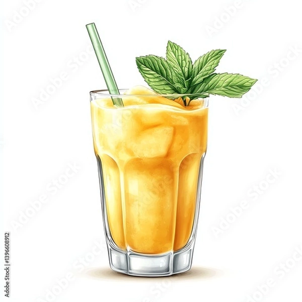 Fototapeta Refreshing Mango Smoothie in Glass with Mint Garnish and Straw