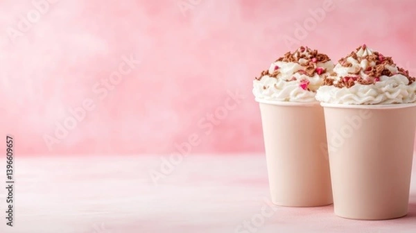 Fototapeta Two pastel-colored paper cups, topped with whipped cream and chocolate sprinkles