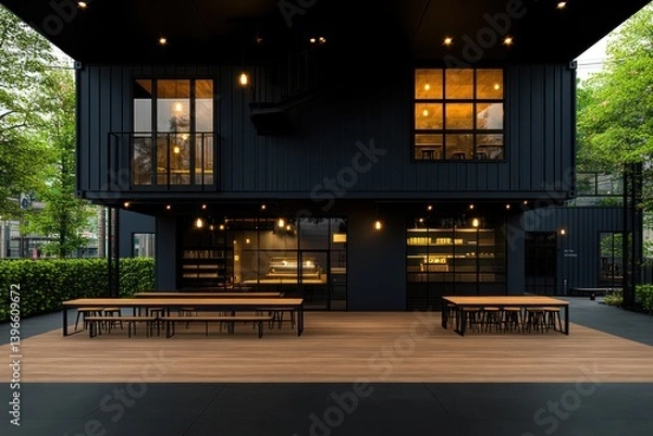 Fototapeta Modern Two-Storey Container Cafe Design - 3D Illustration and Rendering